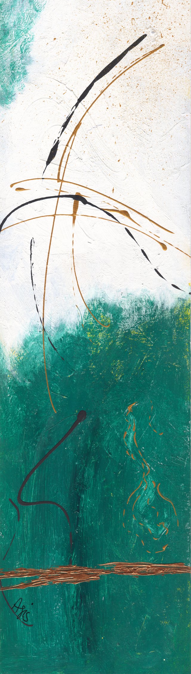 Tall abstract: black and copper arcs cross a white upper field that gives way to a deep green lower field with a copper horizon line.