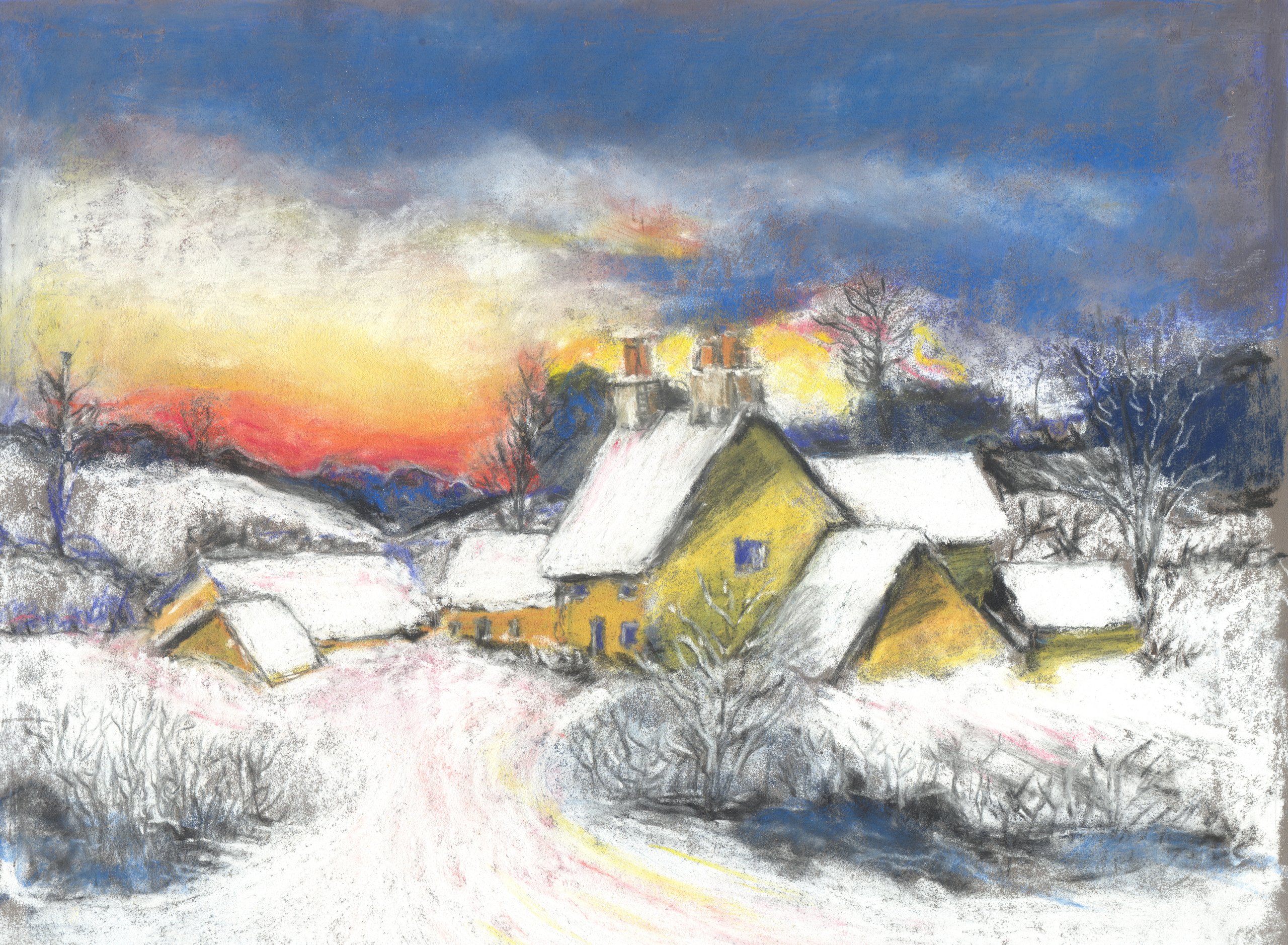 Pastel of snow-covered cottages with yellow walls at sunset, bare trees against a blue and orange sky and a snowy track curving to the door.