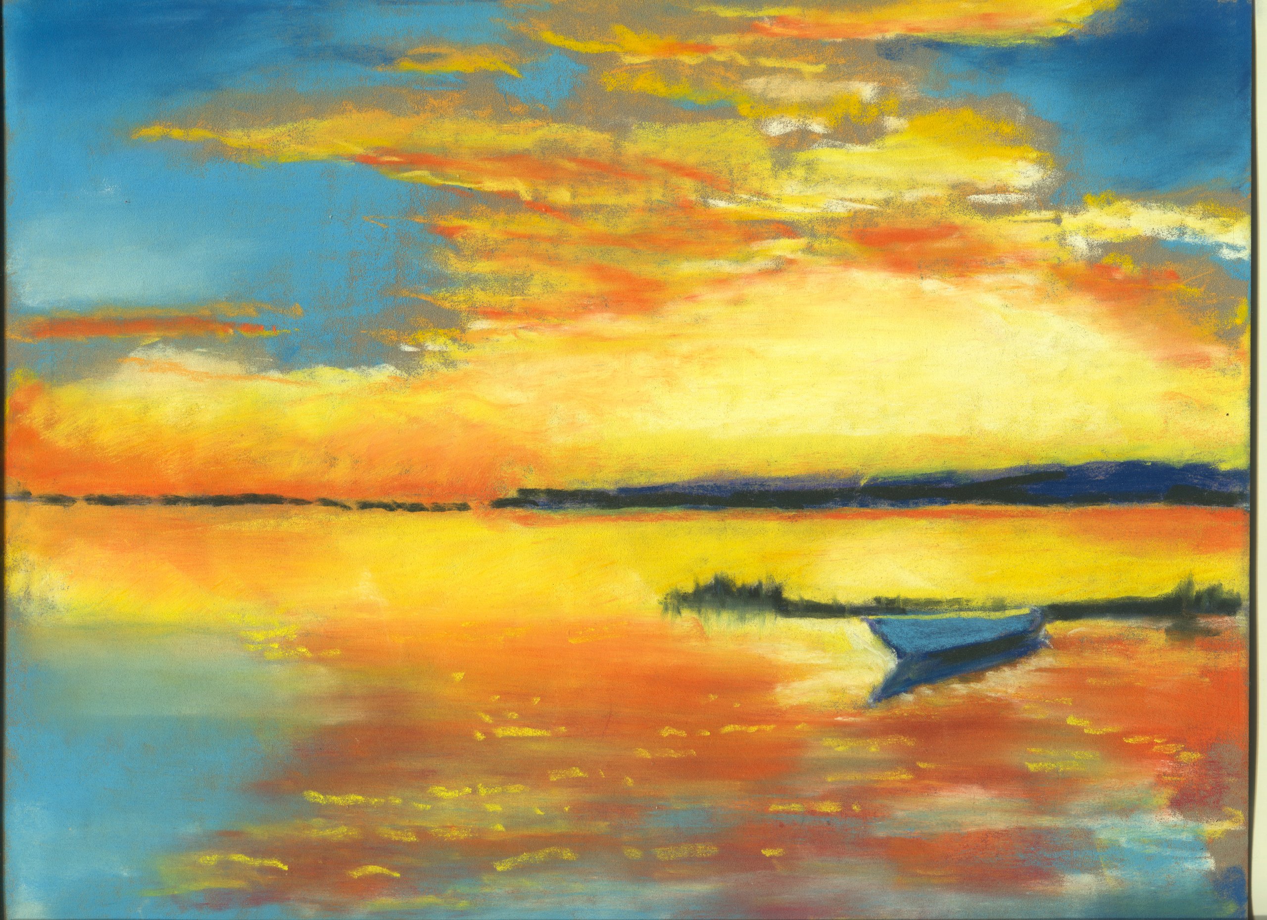 A blue rowing boat rests on calm water that reflects an orange and yellow sunset under a cloud-streaked blue sky, with a dark shoreline beyond.