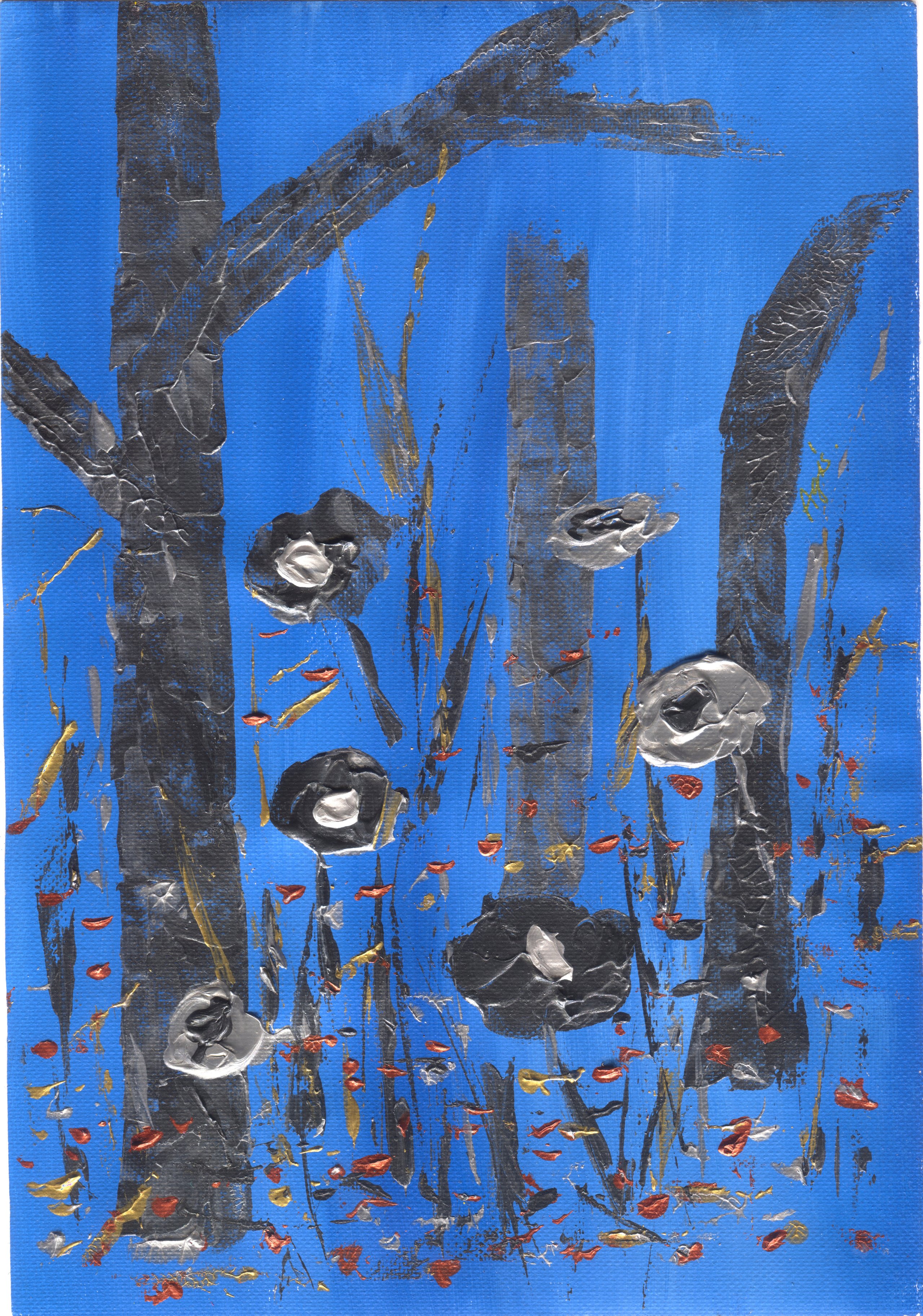 Grey birch trunks and branches on a blue ground carry silver and black blossoms among red and gold flecks.