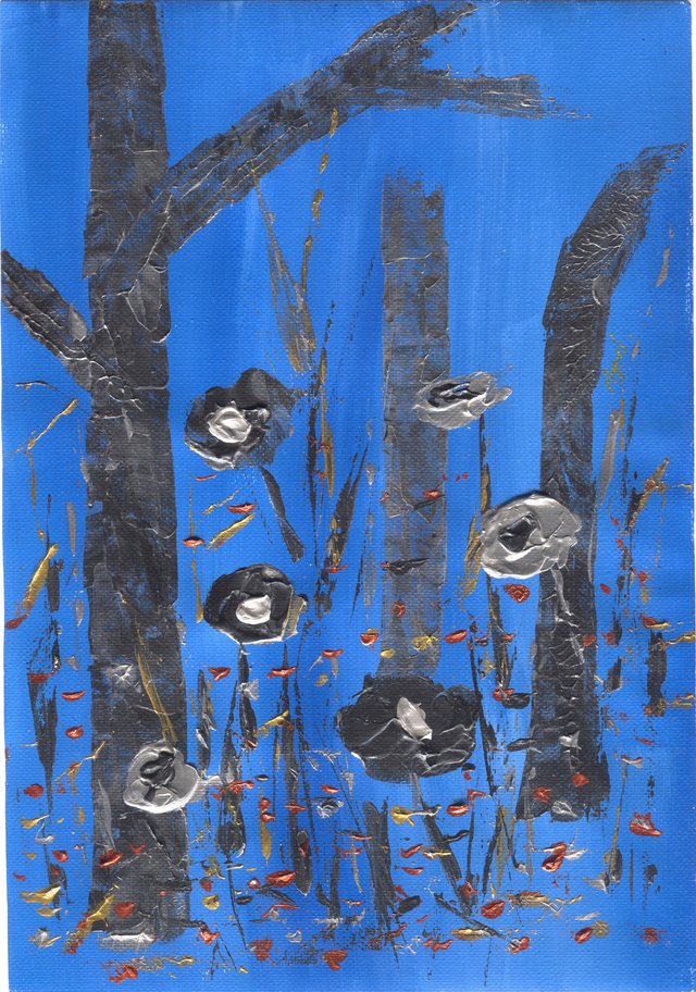 Grey birch trunks and branches on a blue ground carry silver and black blossoms among red and gold flecks.