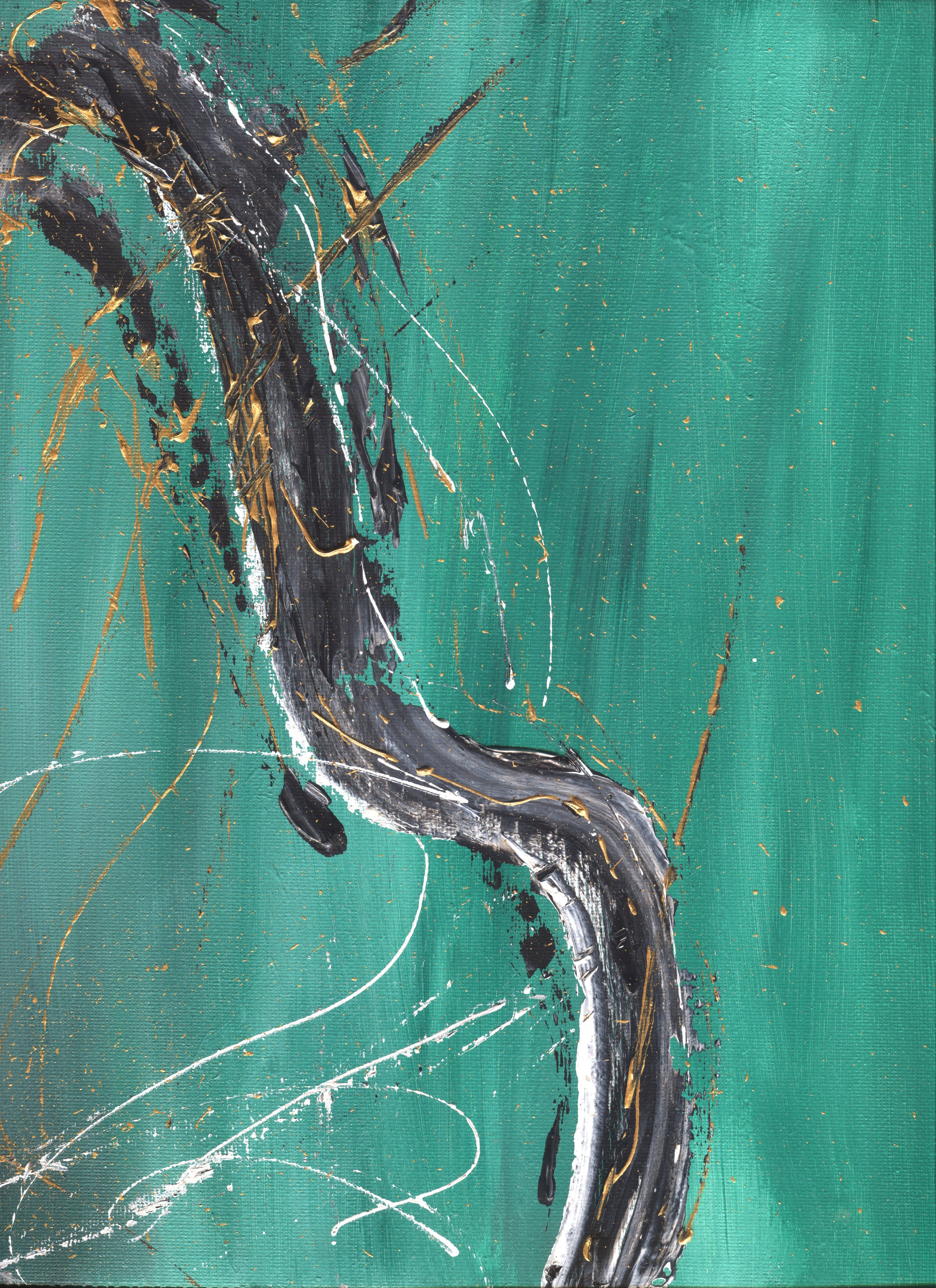 A thick black-and-white curve with gold highlights sweeping down a green ground.