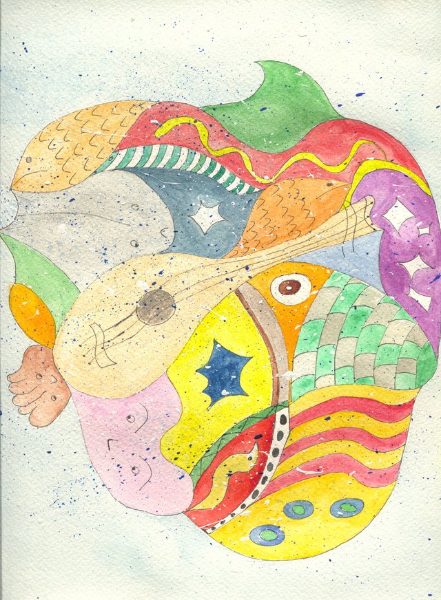 A mandolin lies among interlocking faces, fish and patterned shapes in orange, red, green, purple and yellow watercolour, outlined in ink and flecked with blue.