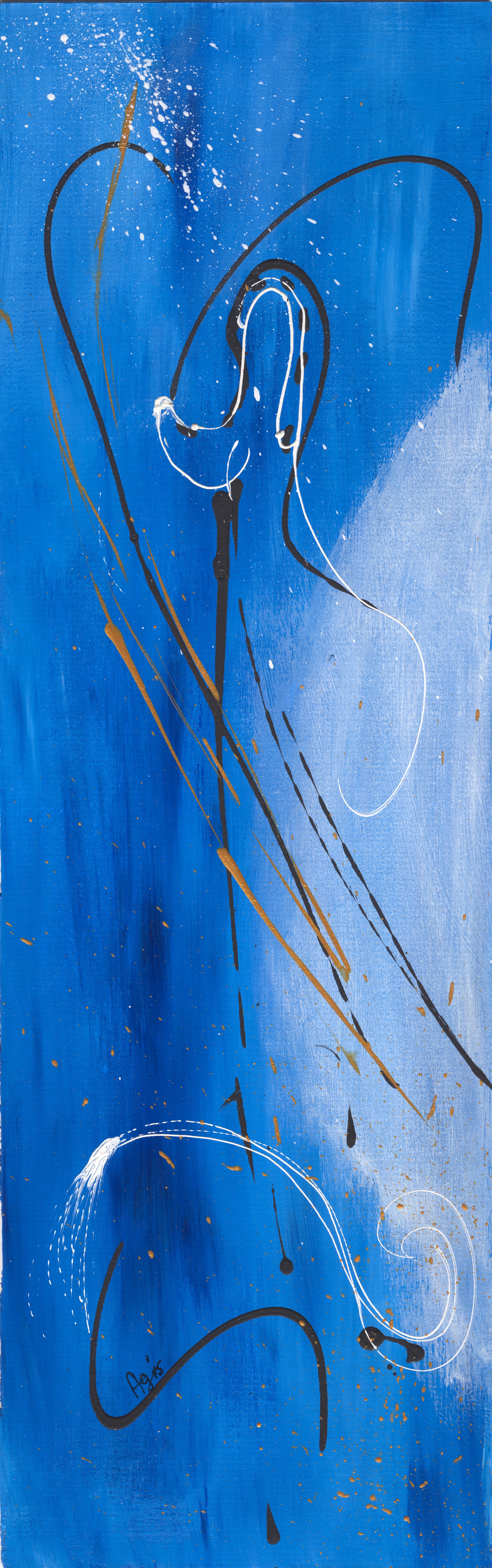 Tall blue abstract: a black loop and a white line rise to a knot at the top, gold streaks cross a paler blue patch, and a white spray curls at the foot.