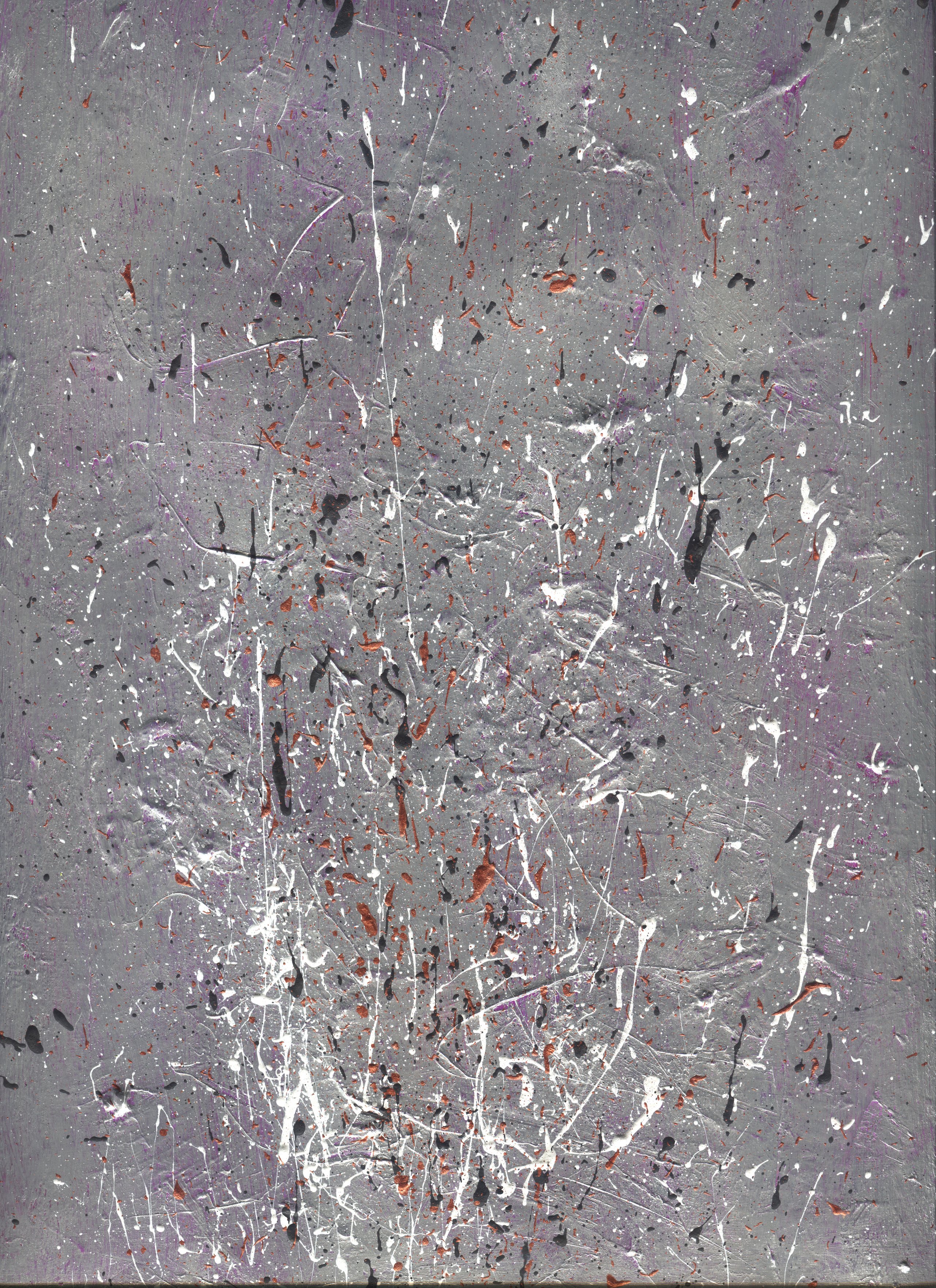 Abstract on grey: white, silver and copper splashes like water thrown from a bath.