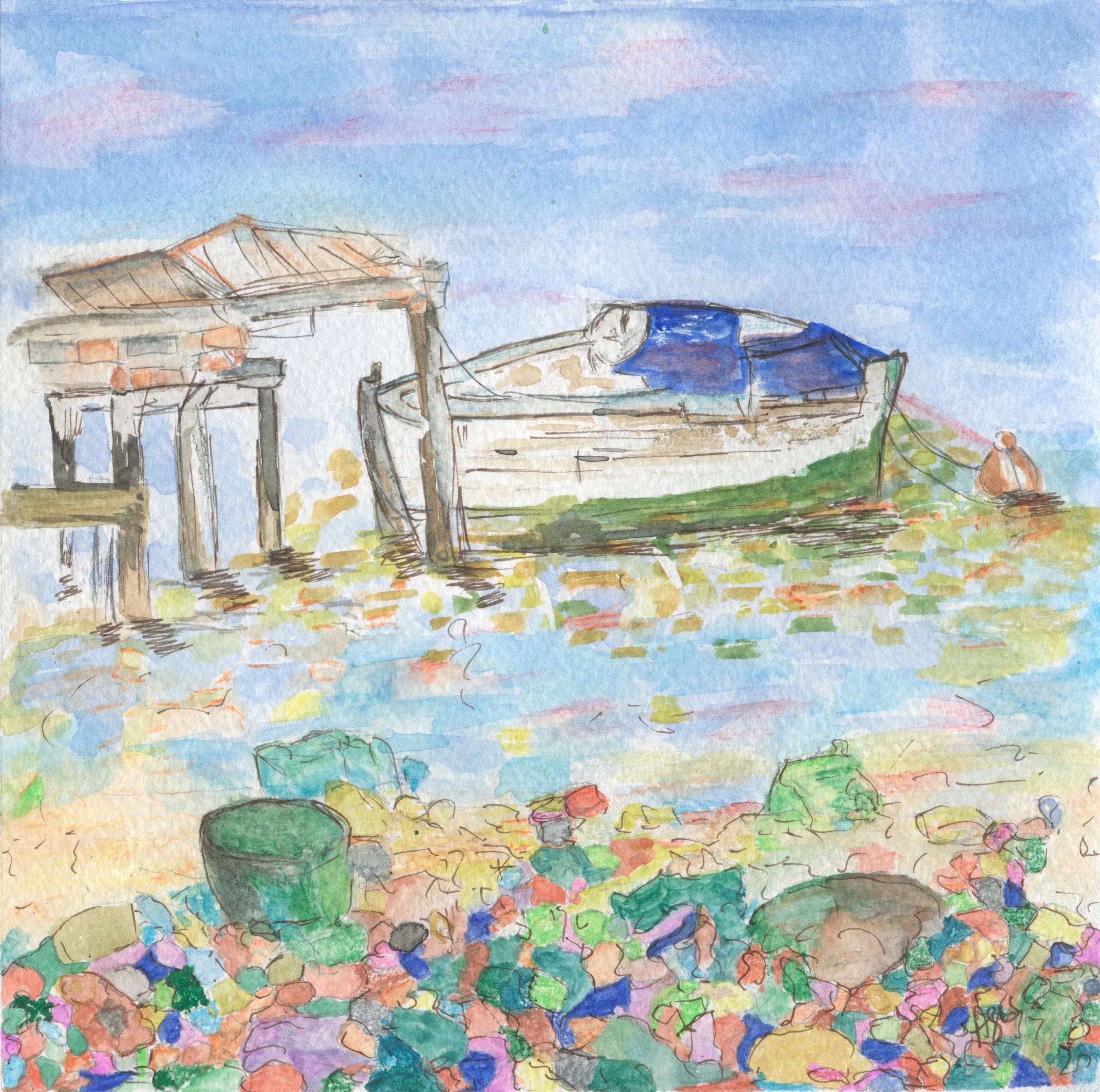 A wooden boat under a blue cover lies moored beside a shed on stilts, with a buoy beyond and a shore of many-coloured pebbles in front, painted on a spiral-bound sketchbook page.