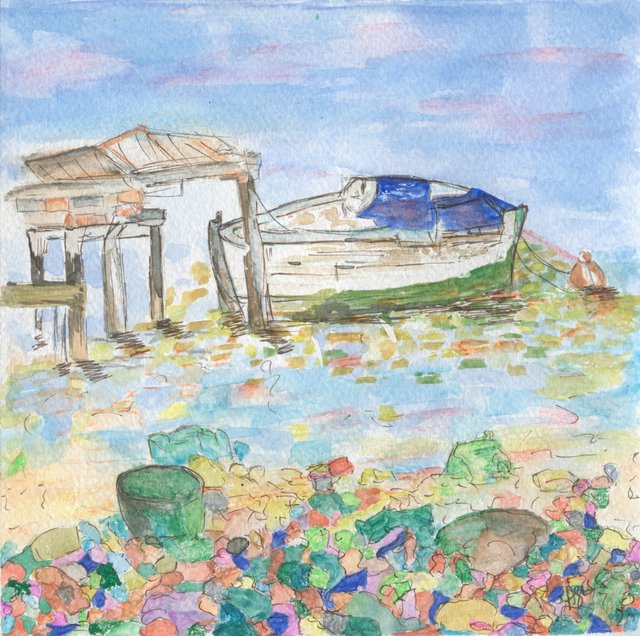 A wooden boat under a blue cover lies moored beside a shed on stilts, with a buoy beyond and a shore of many-coloured pebbles in front, painted on a spiral-bound sketchbook page.