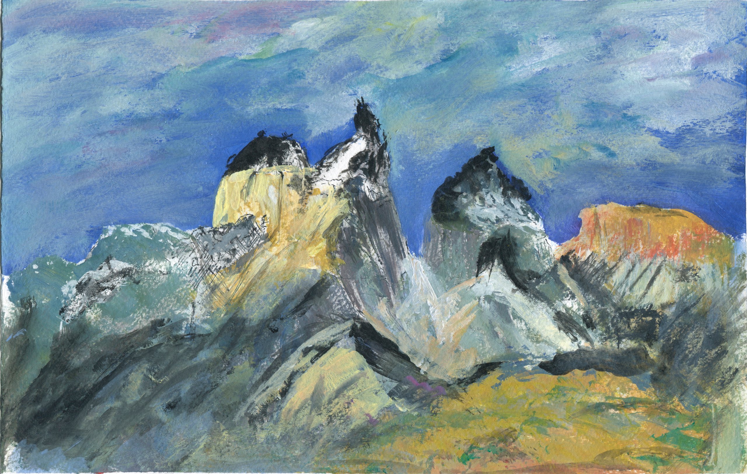 Jagged mountain peaks in black, white, yellow and orange stand against a blue sky, painted in broad strokes.