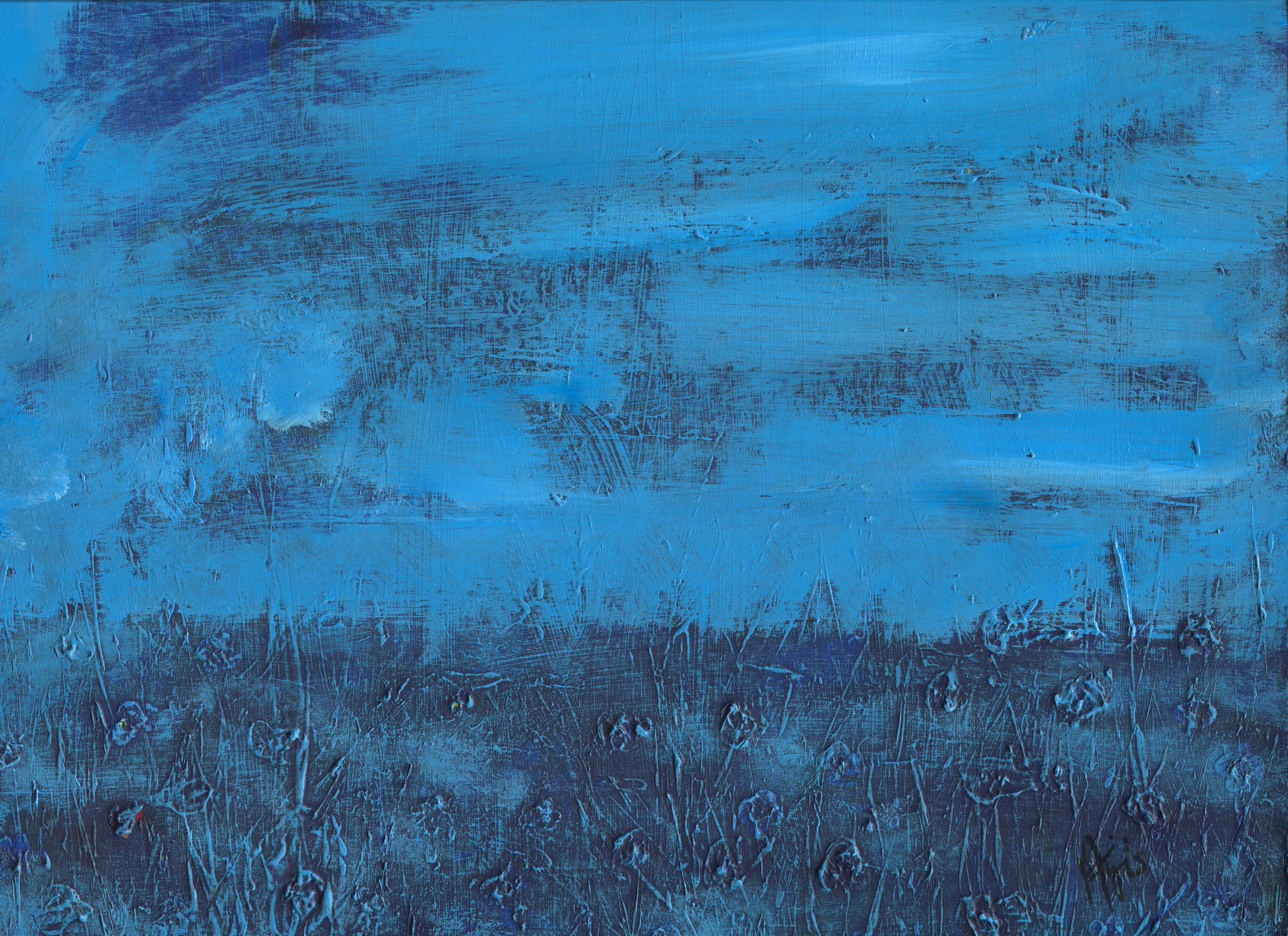 An all-blue landscape: a dark, textured bog foreground studded with raised flower heads under a streaked pale-blue sky.