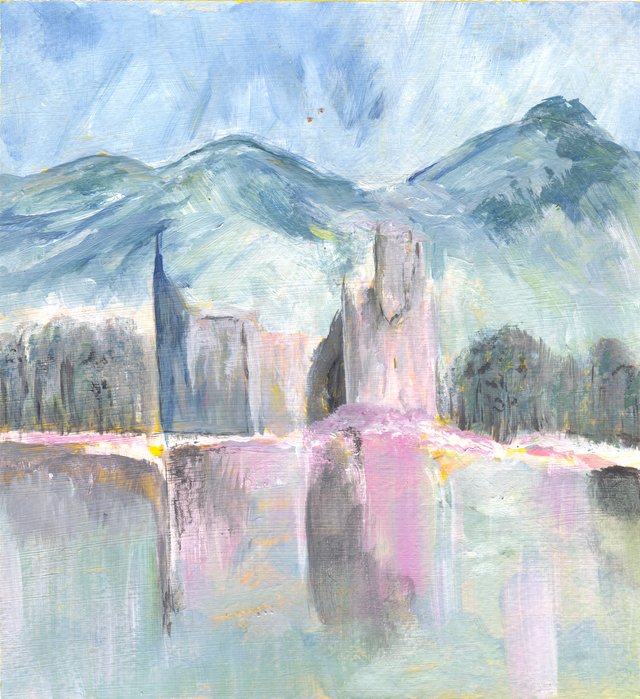 A pale castle tower and a church spire among trees reflected in still water, blue hills behind, in soft blues, greys and pinks.