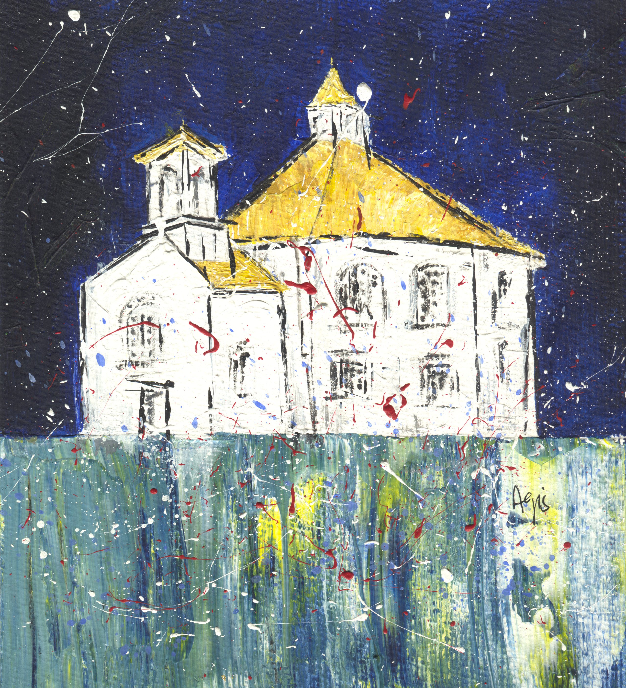 A white building with yellow roofs and a small cupola under a spattered night-blue sky, reflected in streaked green-blue water.