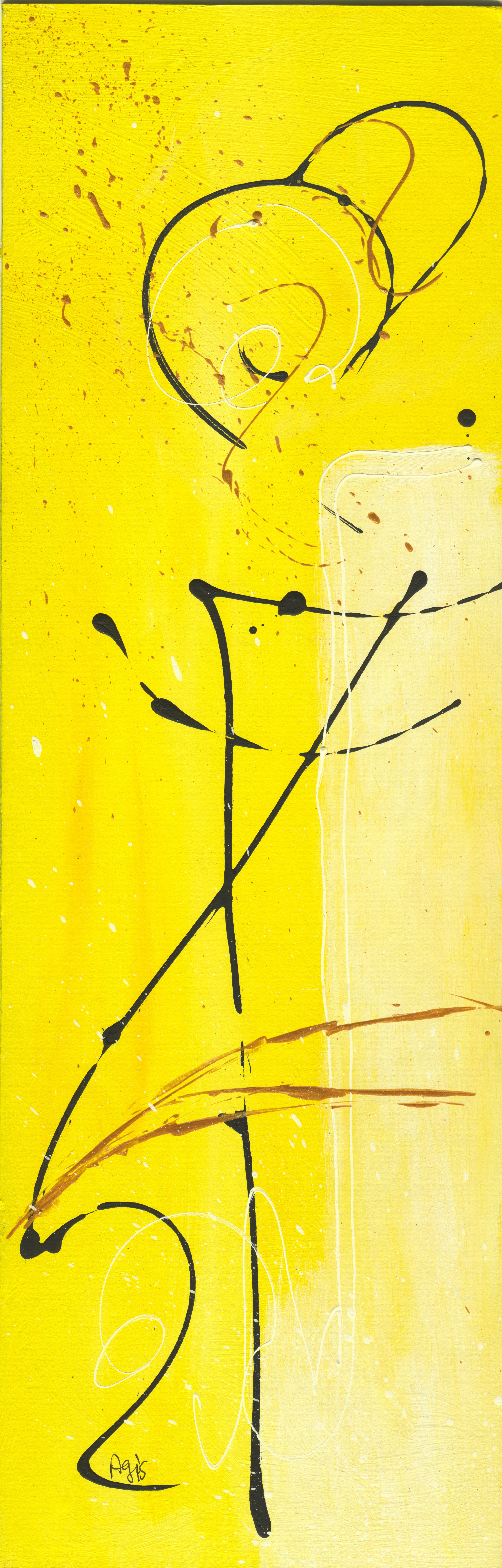 Tall yellow abstract: black calligraphic lines stand like stilts against a pale column, with brown spatter and copper slashes.