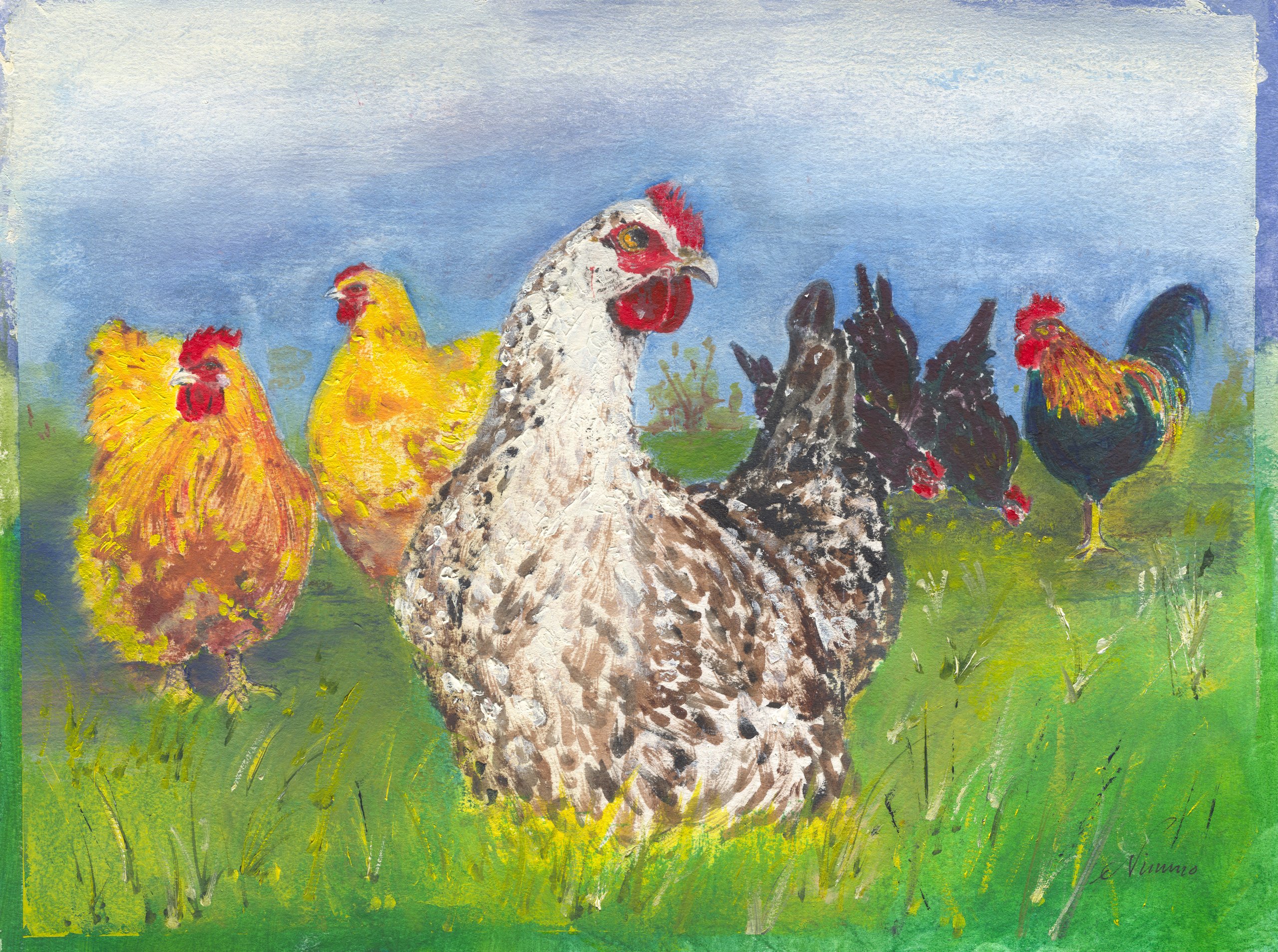 A flock of hens in long grass under a pale blue sky: a large speckled grey and white hen in front, two golden hens to the left, dark hens and a black cockerel with gold neck feathers to the right.