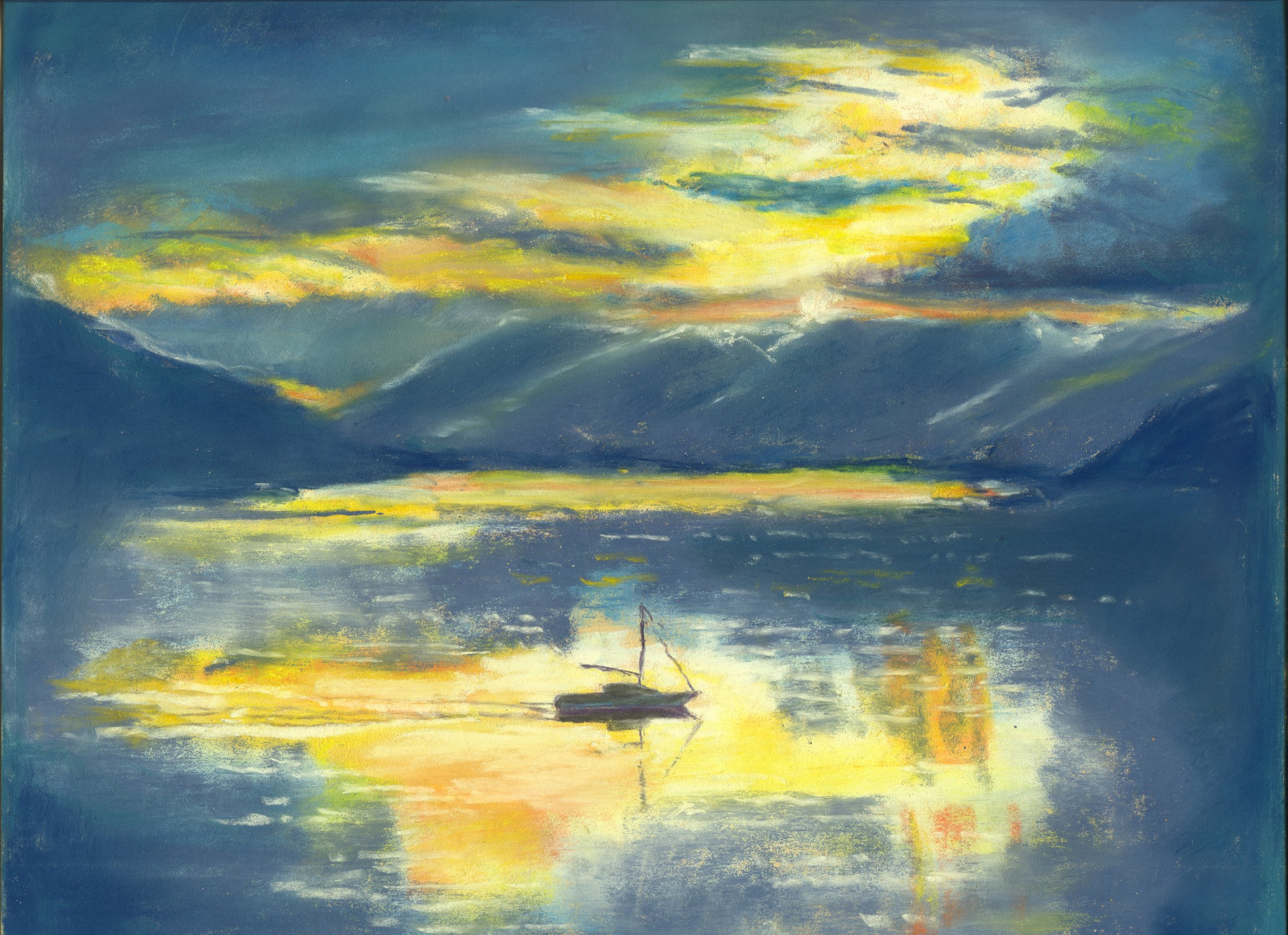 A small sailing boat lies moored on still water that reflects a yellow sunset breaking through dark blue cloud over mountains.
