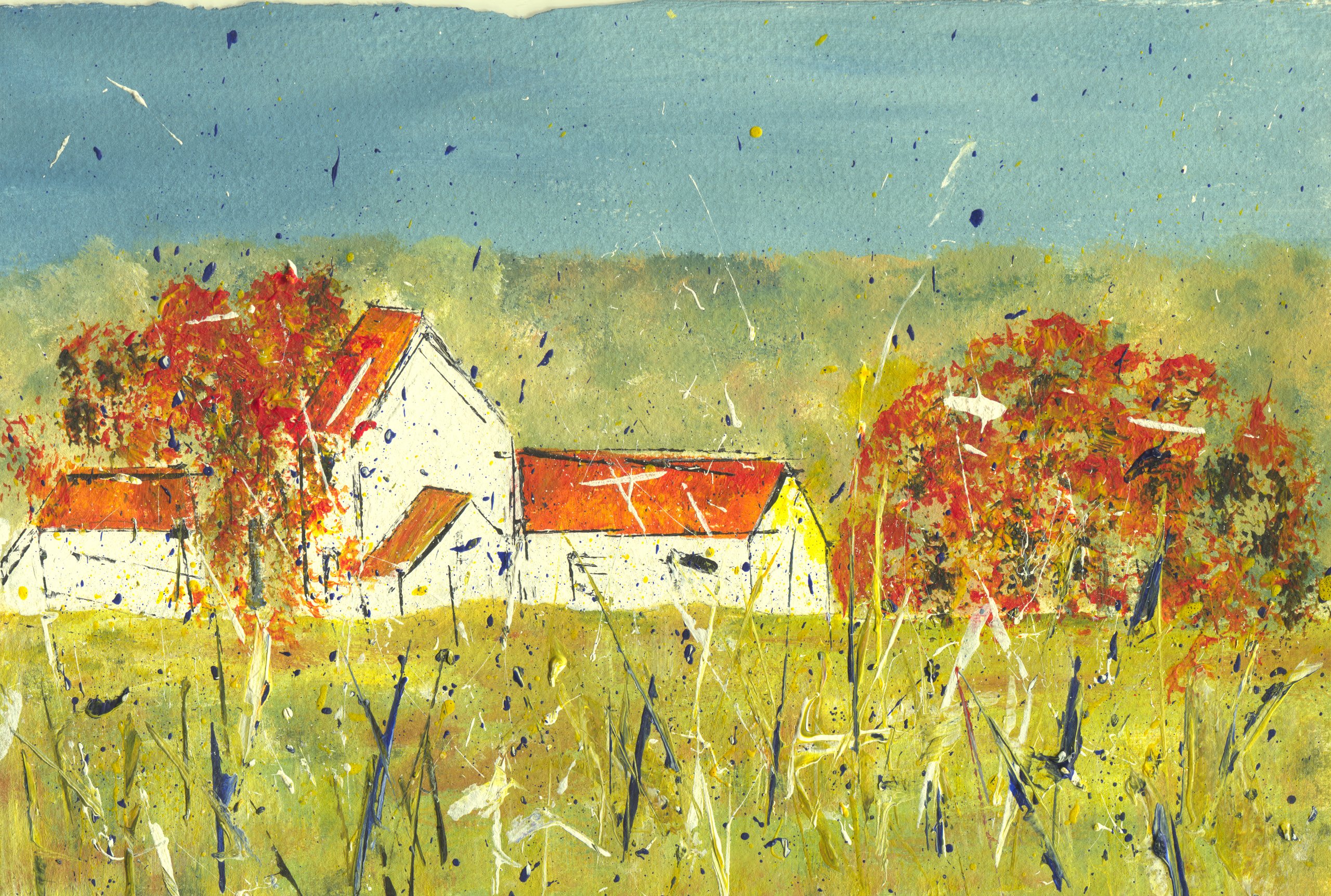 White farm buildings with orange roofs among autumn-red trees, gold grass in front and a deep blue sky spattered with paint.