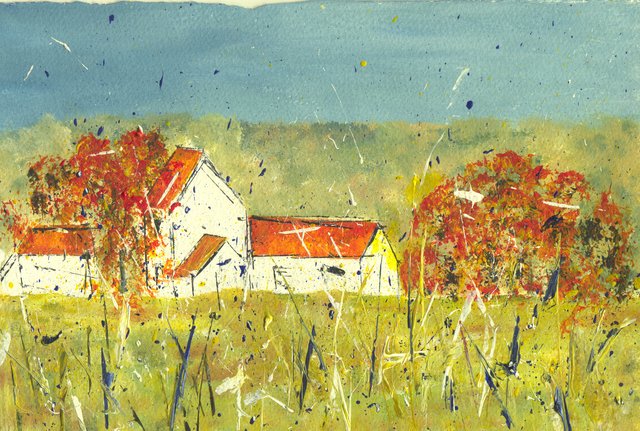 White farm buildings with orange roofs among autumn-red trees, gold grass in front and a deep blue sky spattered with paint.