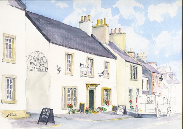 The white-harled Black Bull Hotel entrance on Lauder's main street, with its wrought-iron sign, next to the Lauder Garden Shop, a sandwich board, flower boxes and a florist's white van parked outside.